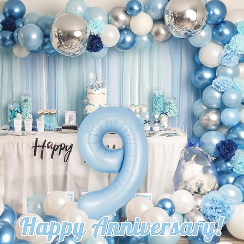 Image of Light Blue Number 9 Balloon, 40 Inch Big Large Foil Number Balloons, Giant Mylar Number 9 Balloons for 9 Year old Birthday Baby Party Decorations Supplies Anniversary
