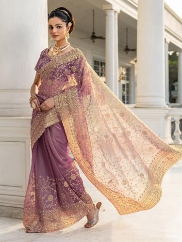 Image of Libas Embroidered Nylon Saree for Women With Unstitched Blouse Piece | Traditional Saree for Festive & Wedding