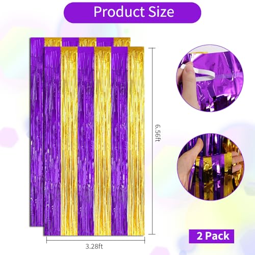 Image of BEISHIDA 2Pcs Purple Gold Door Streamers Congrats Grade 2026 Decoration Backdrop Foil Fringe Tinsel Party Streamers Curtains for Birthday Graduation Mardi Gras Lakers Decoations (3.28 ft x 6.56 ft)