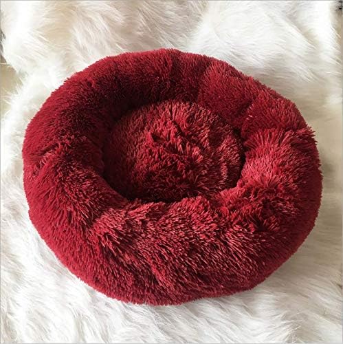 review Pet Bed, Fluffy Luxe Soft Plush Round Cat and Dog Bed, Donut Cat and Dog Cushion Bed, Self-Warming and Improved Sleep, Orthopedic Relief Shag Faux Fur Bed Cushion (60, Wine)