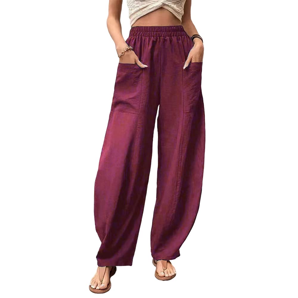 Akivide Womens Casual Linen Elastic Waist Pants High Waist Loose Comfy Trousers Wide Leg Pants for Women with
