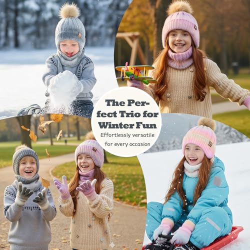 Image of Kids Winter Earmuffs Hat Scarf Touchscreen Gloves Set,Fleece Lined Beanie Neck Warmer for Boys Girls 4-10Y