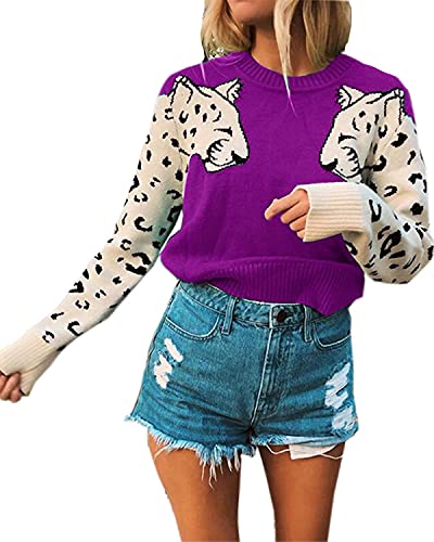 Mansy Women's Casual Long Sleeve Crew Neck Cute Animal Leopard Print Knitted Pullover Sweater Tops Purple #TOP25