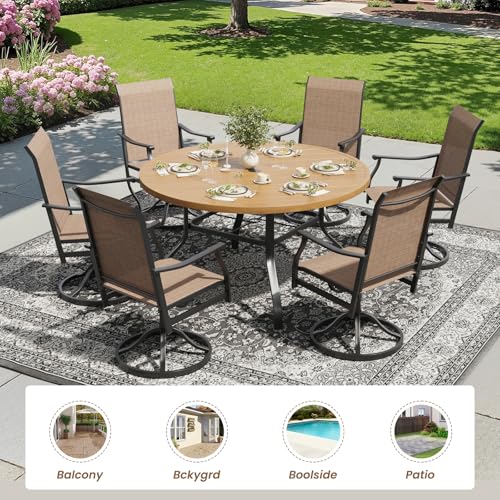 Image of Soohow Outdoor Dining Set for 6, 7-Piece Patio Table and Chairs Set, 6 x Swivel Patio Dining Chairs and 47 inch Wood-Like Round Outdoor Table with 1.57 inch Umbrella Hole for Backyard, Poolside