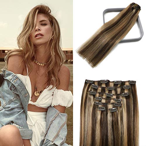 Clip in Hair Extensions Human Hair Balayage Chocolate Brown to Caramel Blonde 70g #4p27 22Inch 7PCS