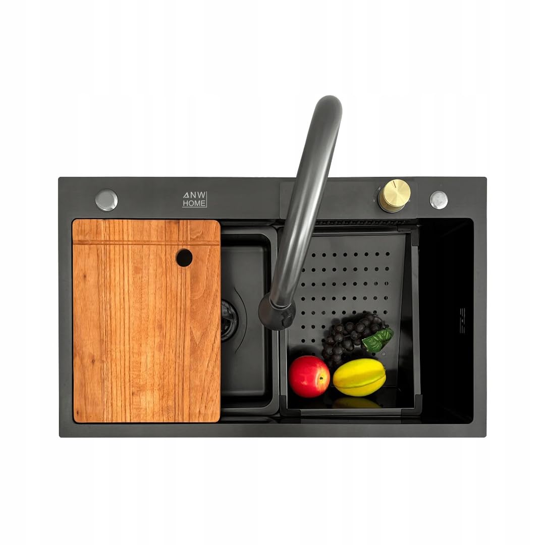 Zlewozmywak kuchenny ANW HOME LS-7545B, 75x46 cm, Stal nierdzewna 304, Grafit, Bateria wodospadowa, Syfon, Zestaw Akcesoriów, Wielofunkcyjny | Wpuszczany, Grubość 3/1 mm, Głębokość 23 cm, Z Syfon