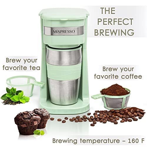 Ultimate 2-In-1 Single Cup Coffee Maker & 14Oz Travel Mug Combo | Portable & Lightweight Personal Drip Coffee Brewer & Tumbler Advanced Auto Shut Off Function & Reusable Eco-Friendly Filter (Green) #TOP2