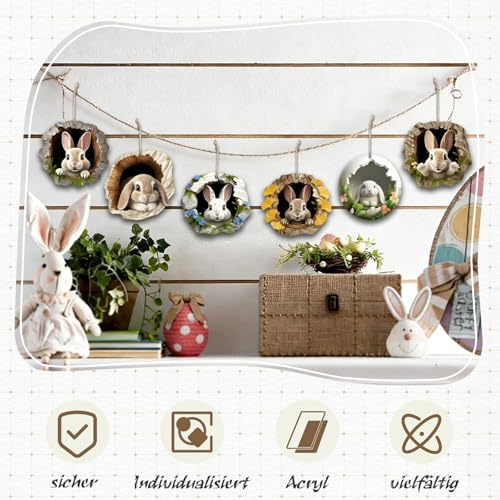 6 Stück Acryl Osterdeko 2D Hase Hängedeko Osterdeko zum Aufhängen Ostern Frühling Für Drinnen und Draußen Ostergeschenk