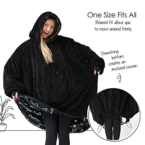 Nestl Wearable Blanket Hoodie Women And Men, Reversible Plush Microfiber Hooded Blanket Adult, Oversized Sweatshirt Blanket One Size Fits All, Warm And Cozy Hoodie Blanket - Black/Scribble #TOP2