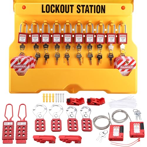 RealPlus Lockout Tagout Station with Loto Devices - 10 Pack Safety Padlocks, 6 Hasps, 2 Integrated Cable Locks, 4 Circuit Breaker Lockout, 40 Loto Tags, Lock Out Tag Out Kit Board