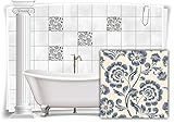 Fliesenbild Medianlux Fliesen-Aufkleber Fliesen-Bild Blumen Blätter Nostalgie Floral Blau Beige Bad WC Deko, 4 Stück, 15x15cm m13m132-133096