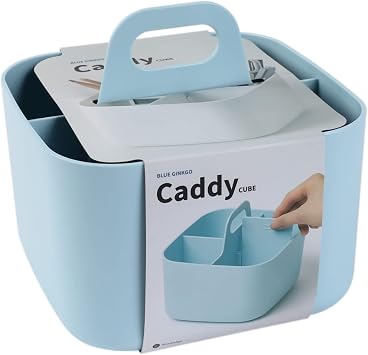 BLUE GINKGO Small Stackable Organizer Caddy Korean-Made Portable Tote for Bathroom, Office, Crafts, or School Supplies Square, Blue