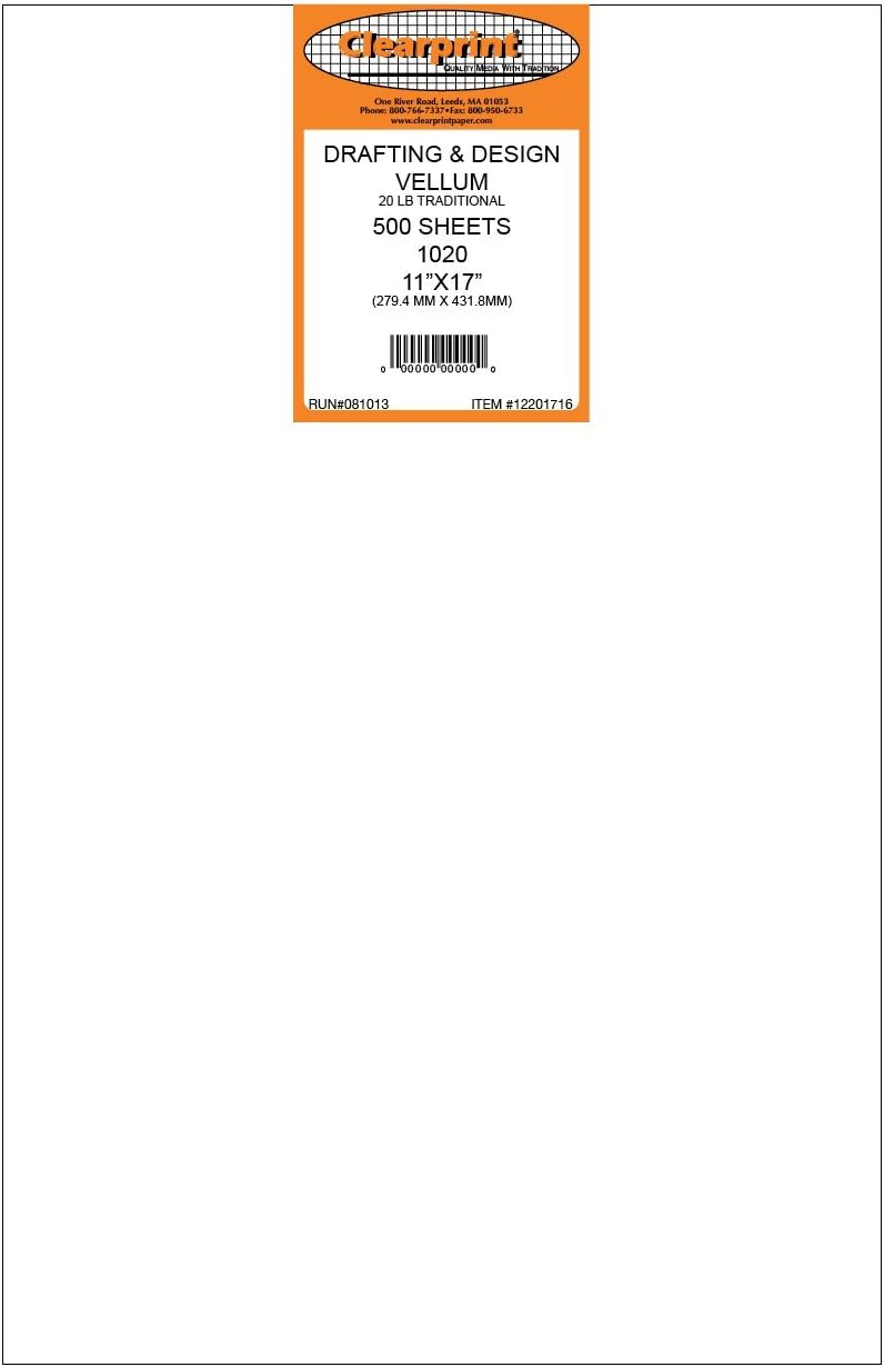 Clearprint 1020H Design Vellum Sheets, 20 Lb., 100% Cotton, 11 x 17 Inches, 500 Sheets Per Pack, 1 Each (12201716)