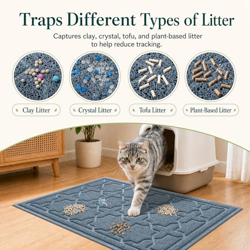 Image of Yimobra Cat Litter Mat, Easy Clean Trapping PVC Mat, 47 inch x 36 inch, Waterproof Backing, Non Slip Bottom, Scatter Control Pad for Litter Box, Tea Blue