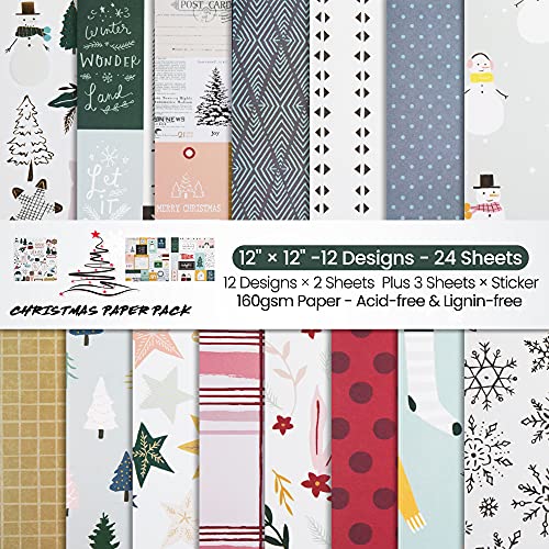 Vondy Cardstock Paper 12"×12",Single-Sided Scrapbook Paper With Stickers,Christmas Prints Snowflakes Pattern Designer Paper Pad,27 Pcs/Pack Decorative Craft Paper Gift Wrapping Winter Scrapbooking Kit #TOP28