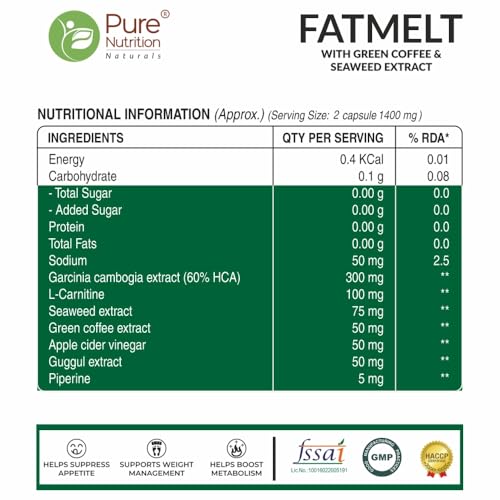 Image of Pure Nutrition FATMELT with Garcinia Cambogia, L-Carnitine & Apple Cider Vinegar For Appetite Control, Weight Management - 60 Veg Capsules