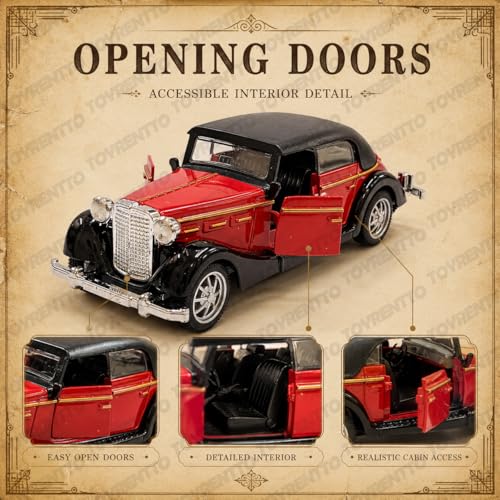 Image of 1:36 Scale Vintage Classic Toy Car Pull Back Action Die Cast Metal Model Car Red Black Retro Collectible Vehicle with Opening Doors for Kids Boys Girls Gift