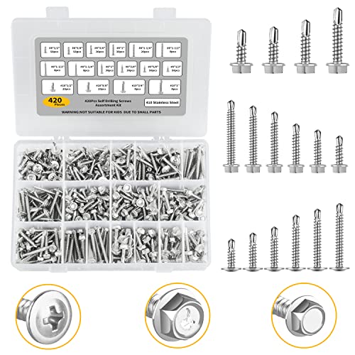 Kuhome 420PCS #8#10 Self Drilling Screws Assortment Kit, 410 Stainless Steel Hex Washer Head & Wafer Head Self Tapping Screw Set Organizer Multi-Purpose Multi-Size Silver Screws for Metal