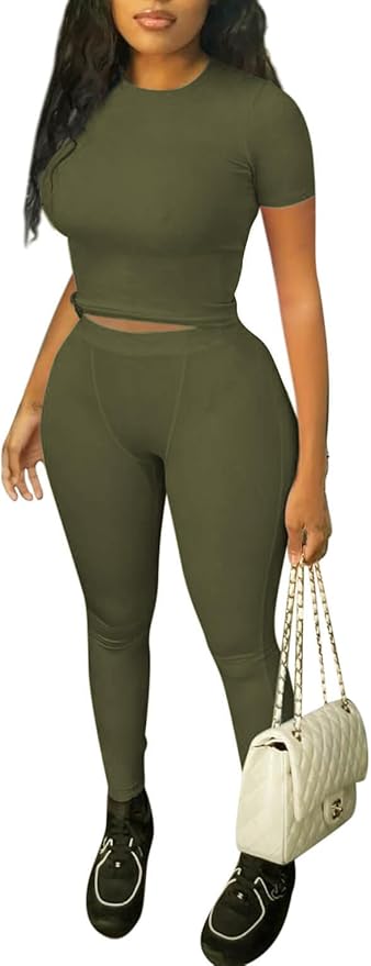 ZFLM Casual Workout Two Piece Outfits for Women Fitted Crew Neck T-shirt