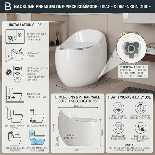 Image of Backline P-Trap Commode Toilet /Western commode /Water Closet With In-build 5L Tank & UF Soft Closing Toilet Seat - P Trap Outlet Is From Wall (White) (7 Years Color Warranty)