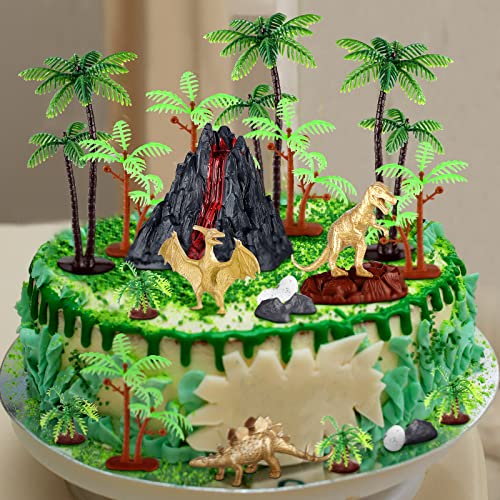 28 Pcs Metallic Gold Dinosaur Cake Topper Jurassic Dinosaur Cake Decorations Toppers Party Supplies With Realistic Dinosaurs Trees Rocks And Dinosaur Eggs For Boys Kids Birthday Dinosaur Party #TOP6