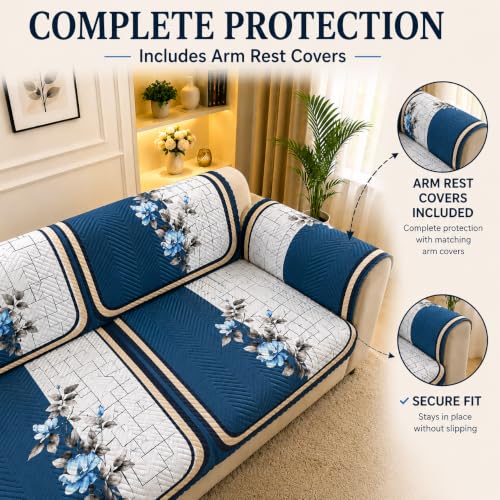 Image of Printed 7 Seater L-Shape Sofa Cover with Arm Covers, Quilted Texture, Sectional Couch Protector for Living Room-Pack of 15 (Blue Bloom)