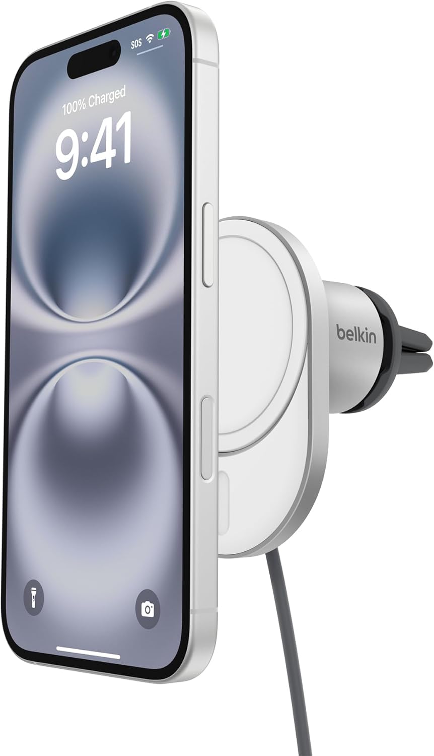Belkin BoostCharge Pro magnetisches kabelloses Kfz-Ladegerät mit Qi2 (15 W), MagSafe-kompatibles Auto-Ladegerät für iPhone-Serien 17, Air, 16, 15, 14, Pixelsnap, Handyhalterung mit 1,5-m-USB-C-Kabel