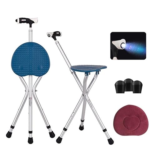Folding Cane Seat Sturdy Lightweight Adjustable Handle Legs with LED Light Cushion for Elderly Walking Stick 300 lbs Large Plate - A-Classic-Blue