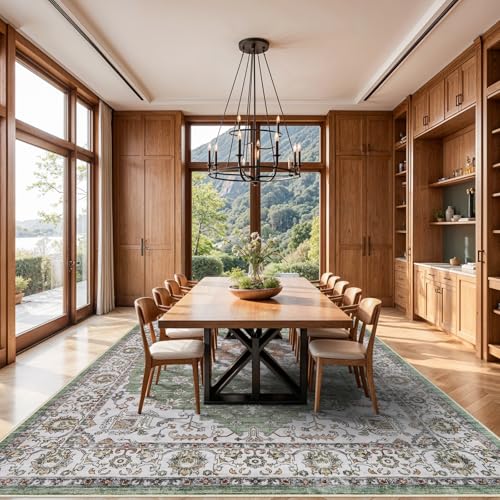 RUUGME Living Room 10x14 Area Rugs - Washable Lightweight Area Rug Stain Resistant Carpet Vintage Soft Rugs for Bedroom with Non Slip Backing Indoor Ultra-Thin Rugs Home Decor 10x14 Sage/Green