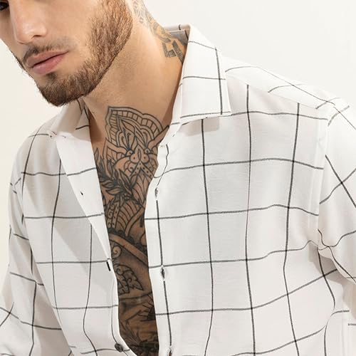 Image of SNITCH Men Cotton Off-White Check Regular Fit Shirt