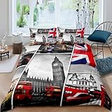 Housse de Couette 140x200 Londres Parure de Lit 1 Personne Londres, Royaume-Uni Imprimée 3D Microfibre Douce Londres Housse Couette Réversible avec 1 Taie d'oreiller 6012e