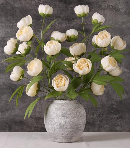 florisso 6 Pcs Peony Artificial Flowers for Vase 27 - Fake Stems (Beige)