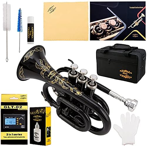 Glory Bb Pocket Trumpet with Case,Cleaning Cloth, Gloves, Black