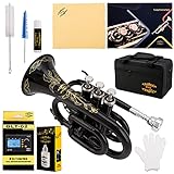 Glory Bb Pocket Trumpet with Case, Tuner, Cleaning Cloth, Gloves, Black