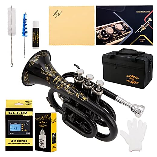 Glory Bb Pocket Trumpet with Case, Tuner, Slide Grease,Cleaning Cloth, Gloves, Black