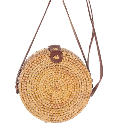 uxcell Round Rattan Bag for Women, Handmade Straw Crossbody Bags, Summer Purses with Brown Lining, Circle Shoulder Bag, Coffee4