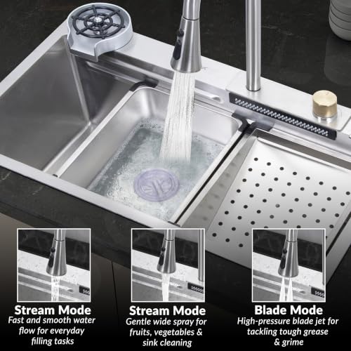 Image of Plantex Kitchen Sink for Home /304 Grade Stainless Steel Waterfall Kitchen Sink with Anti-Scratch Design /Sink with Pull-Down Faucet - (30x18x10 Inch, Matt)