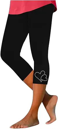 Capri Leggings for Women Tummy Control High Waist Yoga Pants Summer Dressy Rhinestone Cropped Trousers Gym Pant