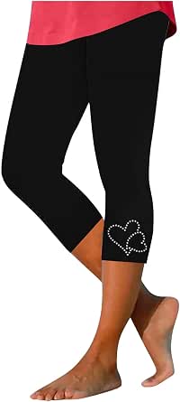 Rhinestones Capri Leggings for Women Slim Fitted Stretchy High Waisted Yoga Pants