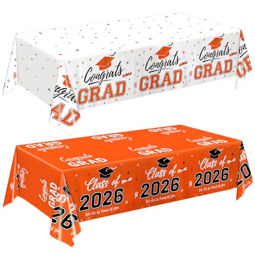 Image of Oigco Graduation Decorations Class of 2026, 2 Pack Orange Graduation Tablecloths, Congrats Grad Plastic Table Cloths for Graduation Party Decorations, 54 x 108 Inch