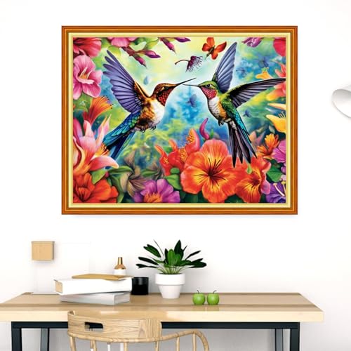 Image of Dimensean Stamped Cross Stitch Kits Full Range of Embroidery Patterns Starter Kits for Beginners Adult DIY Cross Stitches Needlepoint Kits 11CT-Hummingbird Flowers 16x20 inch