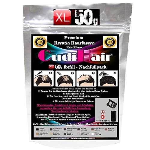 CudiHair~XL HAIR FIBERS~50 g PREMIUM-DELUXE REFILL SCHÜTTHAAR NACHFÜLLBEUTEL !! verschiede Farben !! SCHÜTTHAARE~MICROHAARFASERN~STEUHAAR~BEI HAARAUSFALL (Dunkelbraun (Dark Brown))