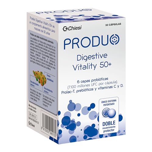 PRODUO Digestive Vitality 50+ | 30 cápsulas | Probióticos con Vitaminas | Fórmula con doble recubrimiento protector | Productos para el Malestar Intestinal | A partir de los 50 años
