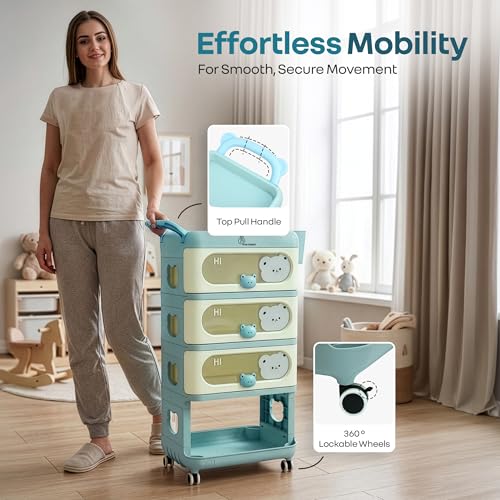 Image of R for Rabbit Kiddo Korner Bear Baby Organiser with Drawers & Wheels | Kids Toy & Clothes Storage with Open Shelf & Side Basket | Easy Plug N Play Installation with Lockable 360 Wheels (Blue Cream)