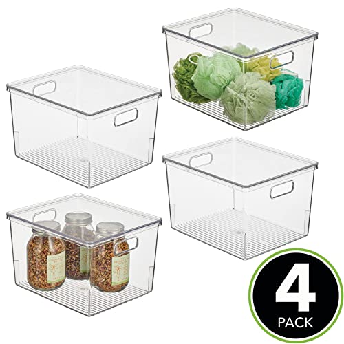Mdesign Large Plastic Stackable Bathroom Cabinet Storage Bin Box With Handles/Lid, Drawer Stacking Organizer For Soap, Lotion, Towels, And Accessories, Ligne Collection, 4 Pack, Clear #TOP1