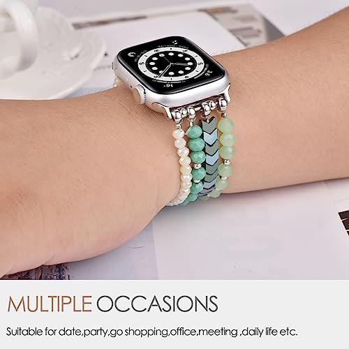 Image of MOFREE Beaded Bracelet Compatible with Apple Watch Band 38mm /40mm /41mm /42mm, Fashion Elastic Stretch Women Bands for iWatch Series 11 /10 /9 /8 /7 /SE /6 /5 /4 /3 /2 /1 iPhone Watch Strap Bands Green