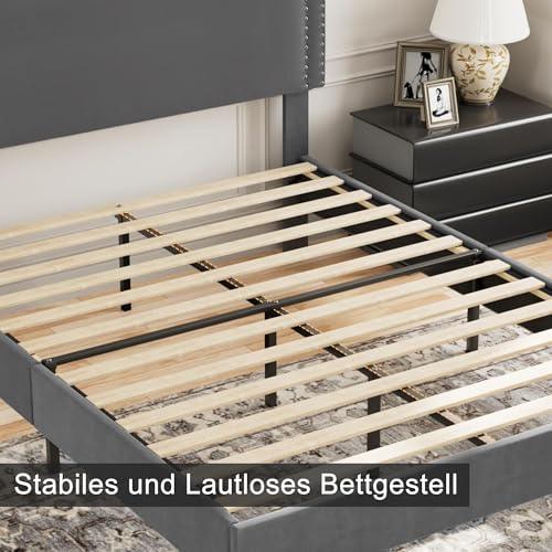 VECELO Polsterbett 140 x 200 cm Doppelbett Bettrahmen mit Höhenverstellbarem Kopfteil, Gepolstertes Bettgestell mit Lattenrost, Samtbezug, für Erwachsene & Jugendliche, Ohne Matratze, Grau