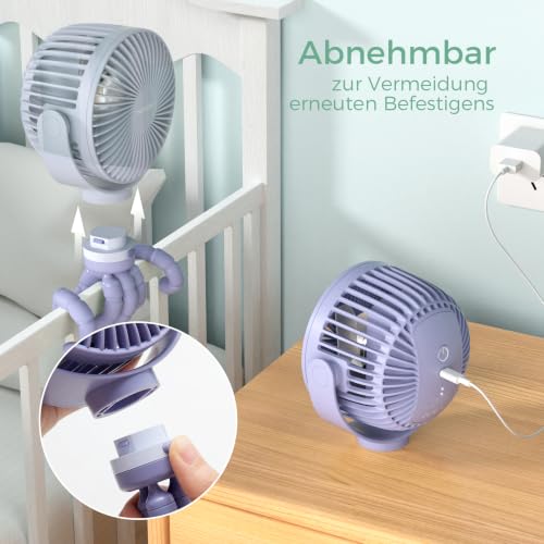 Momcozy Tragbarer Kinderwagen-Ventilatoren, Clip Ventilator, 360° Abnehmbare 4 Geschwindigkeiten, LED-Nachtlicht Ventilator,Reisen (Violett) – Ansicht 5
