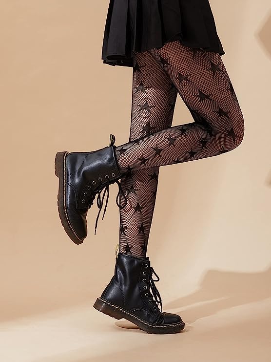Image of Women's Patterned Tights, 3 Pairs, Floral Design, Fishnet with Stars and Moon, One Size