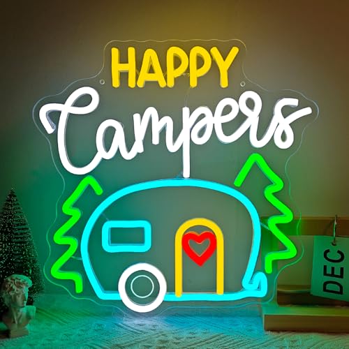Taaneyo Happy Camper Neon Sign Camping Neon Sign For Wall Decor Dimmable Bus Camper LED Light For Touring Car Gifts Campsite Decorations Inside Camper Backdrop